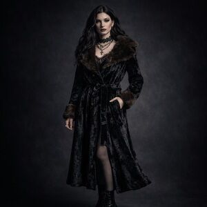 Vintage Betty Rose Black Faux Fur Plush Velvet Coat Belted Double Breasted